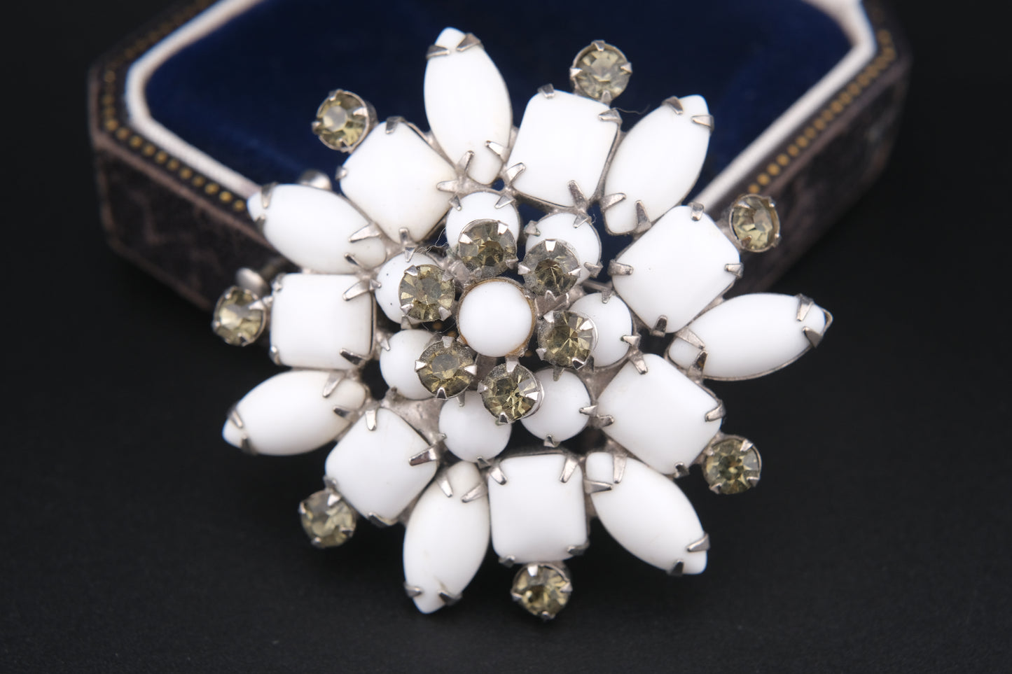 Vintage White Milk Glass & Rhinestone Brooch – Floral Snowflake Design | Mid-Century Costume Jewelry