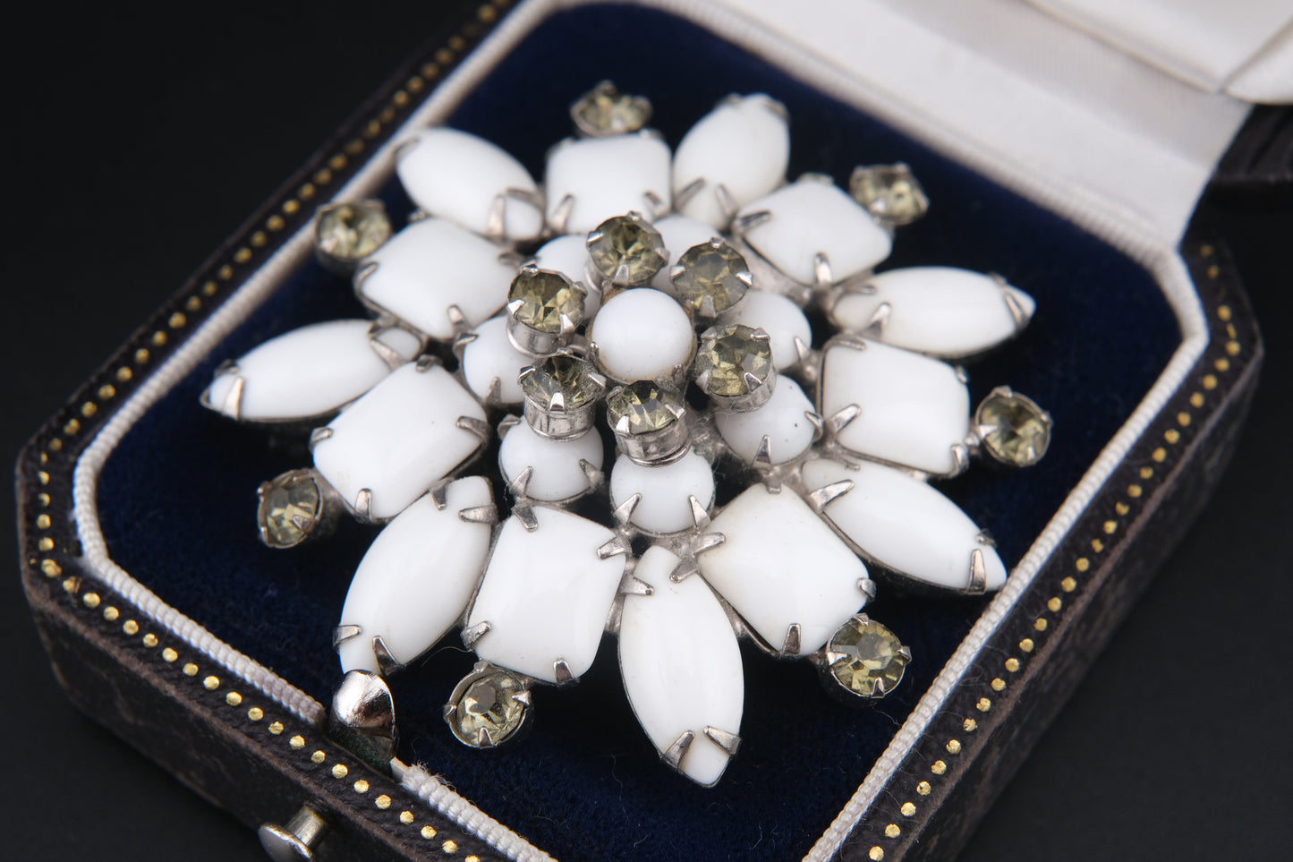 Vintage White Milk Glass & Rhinestone Brooch – Floral Snowflake Design | Mid-Century Costume Jewelry