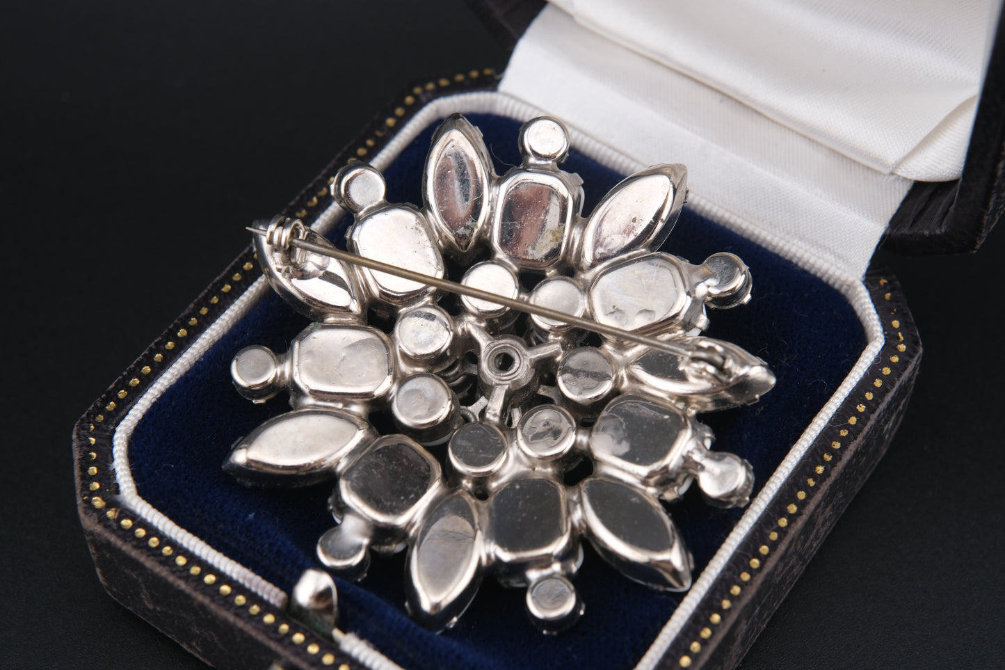 Vintage White Milk Glass & Rhinestone Brooch – Floral Snowflake Design | Mid-Century Costume Jewelry