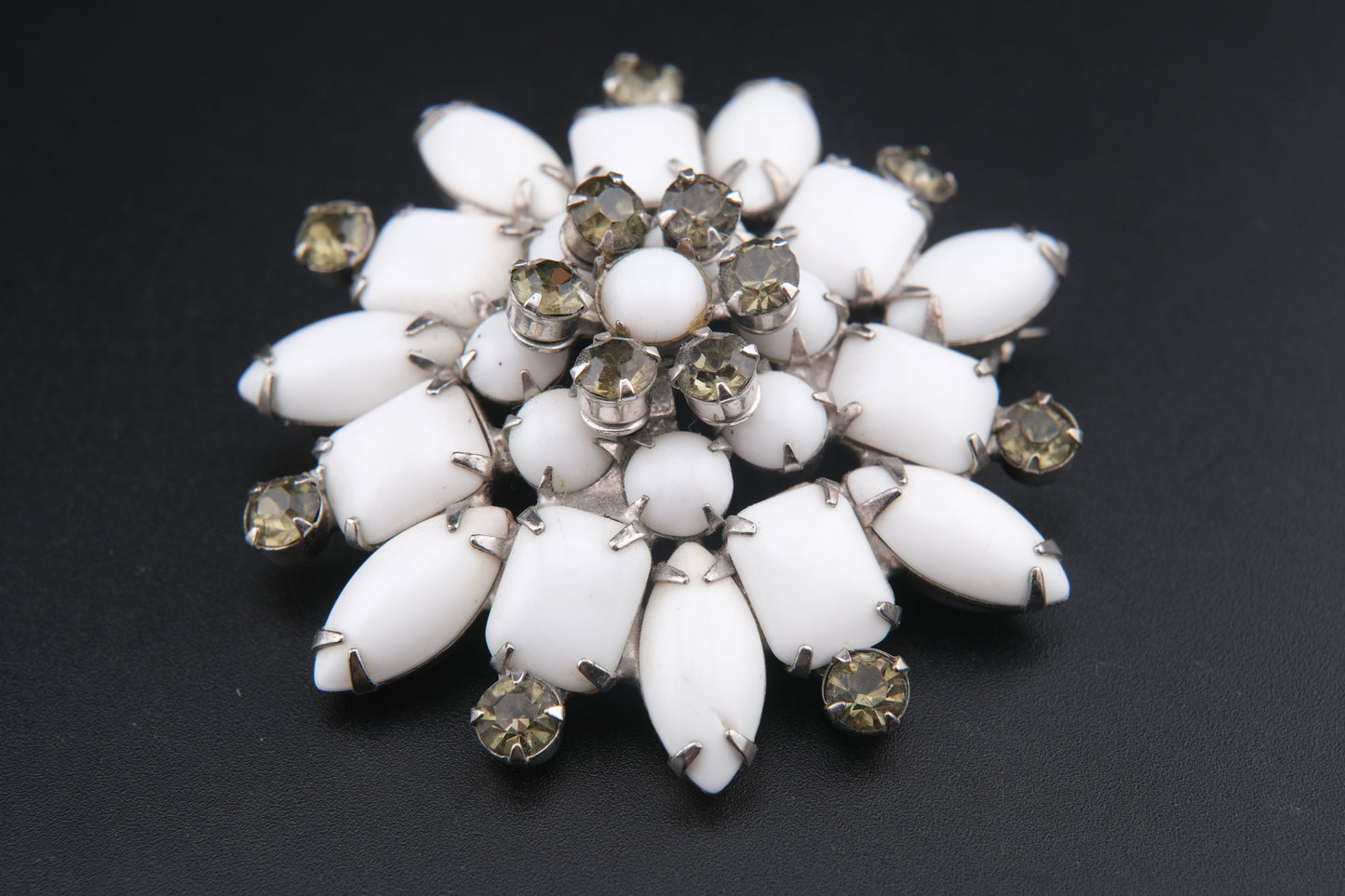 Vintage White Milk Glass & Rhinestone Brooch – Floral Snowflake Design | Mid-Century Costume Jewelry