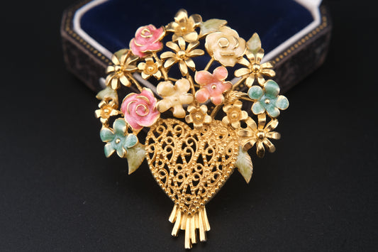 Vintage M. Jent Enamel Floral Bouquet Brooch with Filigree Heart Base