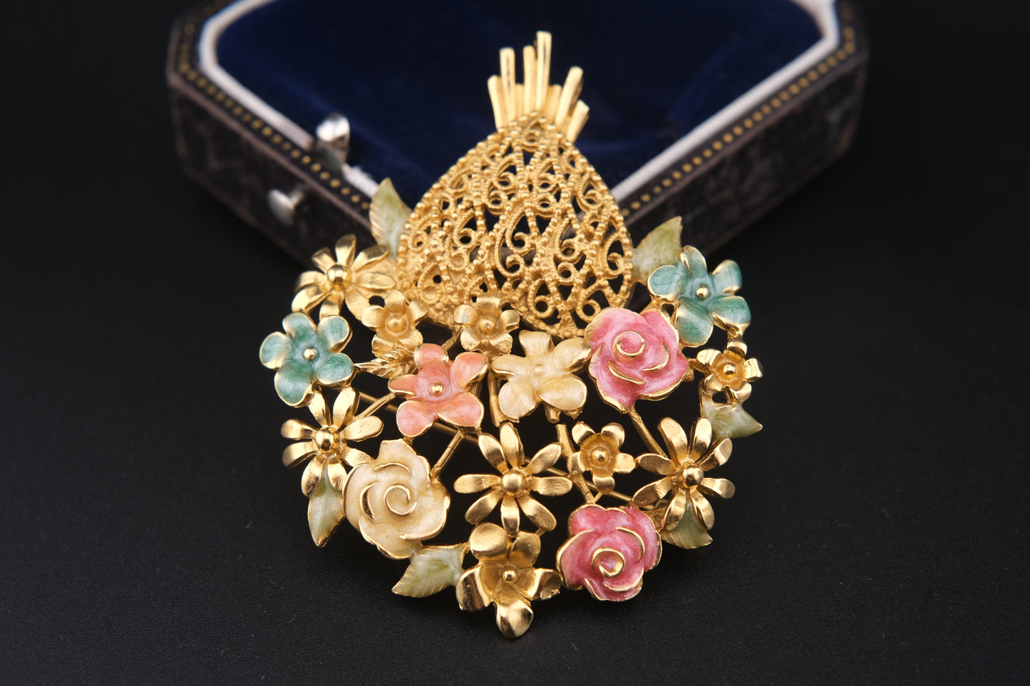 Vintage M. Jent Enamel Floral Bouquet Brooch with Filigree Heart Base