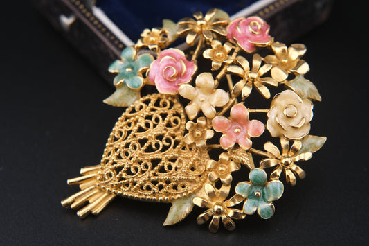 Vintage M. Jent Enamel Floral Bouquet Brooch with Filigree Heart Base