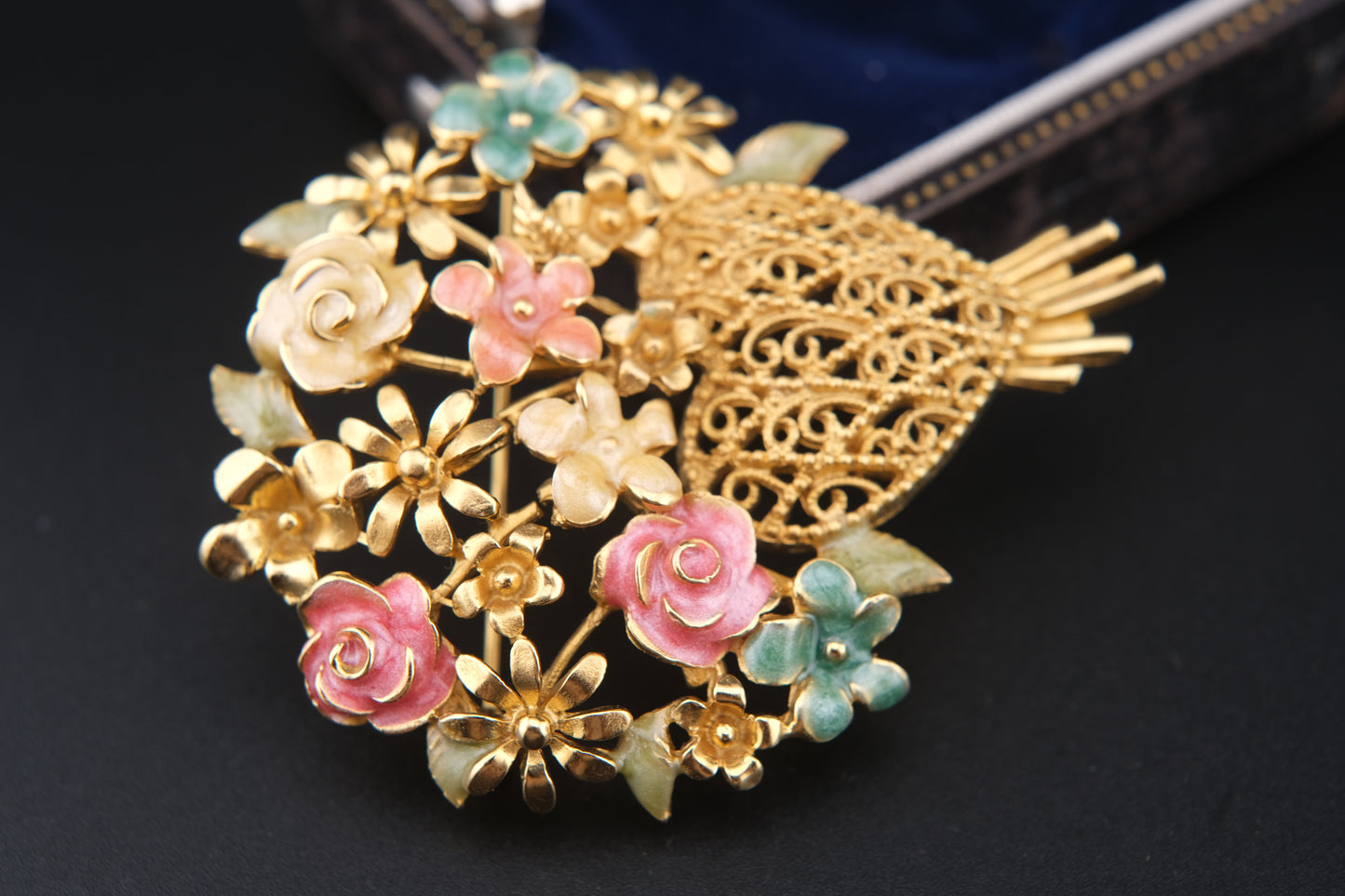 Vintage M. Jent Enamel Floral Bouquet Brooch with Filigree Heart Base