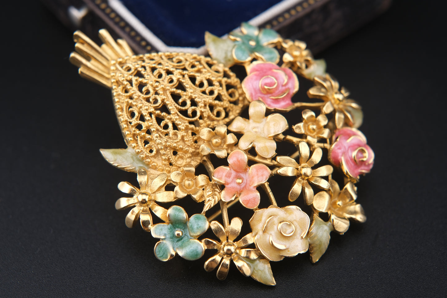 Vintage M. Jent Enamel Floral Bouquet Brooch with Filigree Heart Base