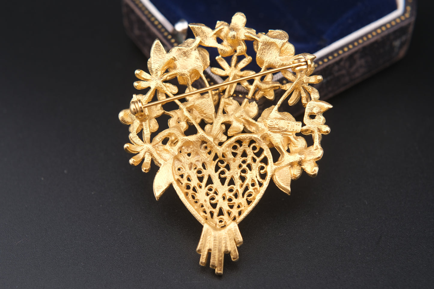 Vintage M. Jent Enamel Floral Bouquet Brooch with Filigree Heart Base