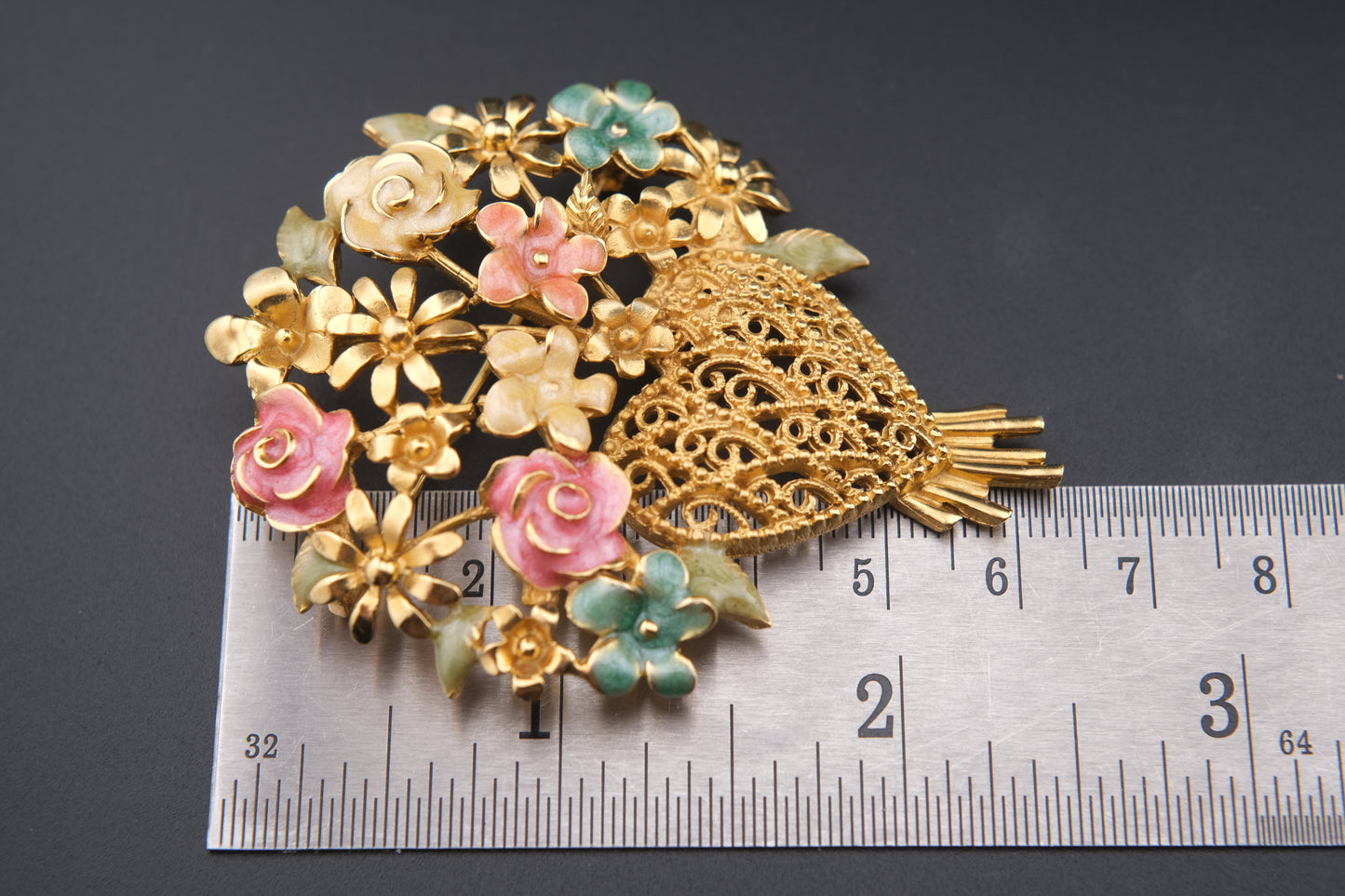 Vintage M. Jent Enamel Floral Bouquet Brooch with Filigree Heart Base