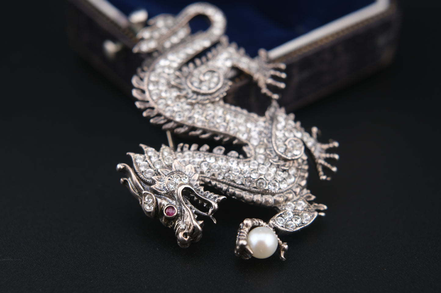 Franklin Mint Sterling Silver Dragon Brooch – Crystal Pavé with Pearl & Red Gem Eye