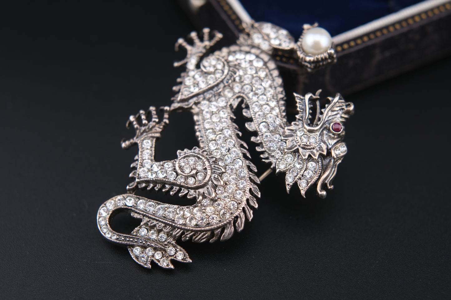 Franklin Mint Sterling Silver Dragon Brooch – Crystal Pavé with Pearl & Red Gem Eye