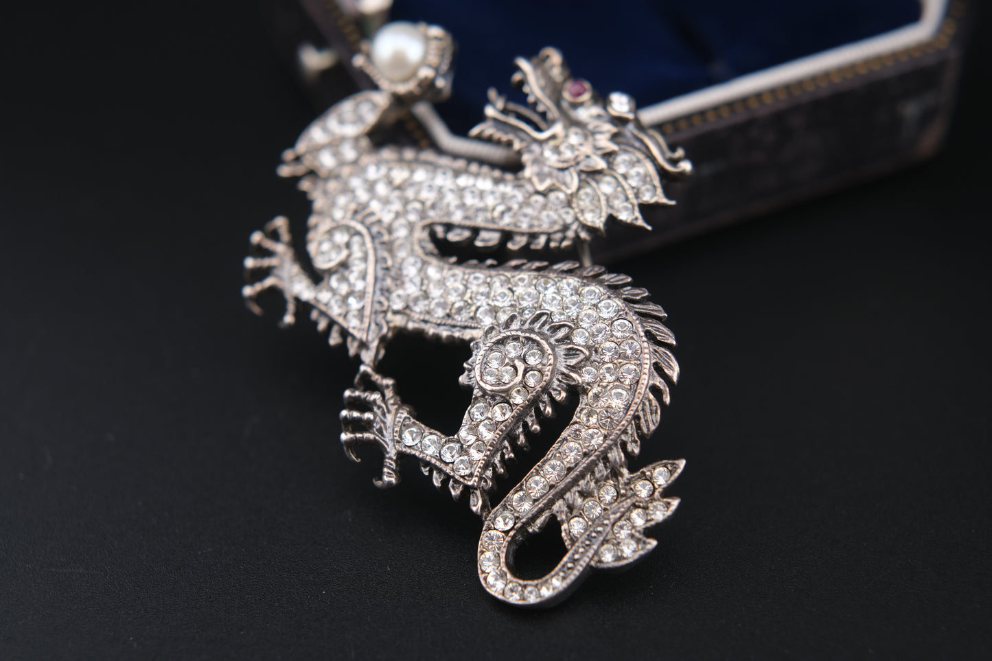 Franklin Mint Sterling Silver Dragon Brooch – Crystal Pavé with Pearl & Red Gem Eye