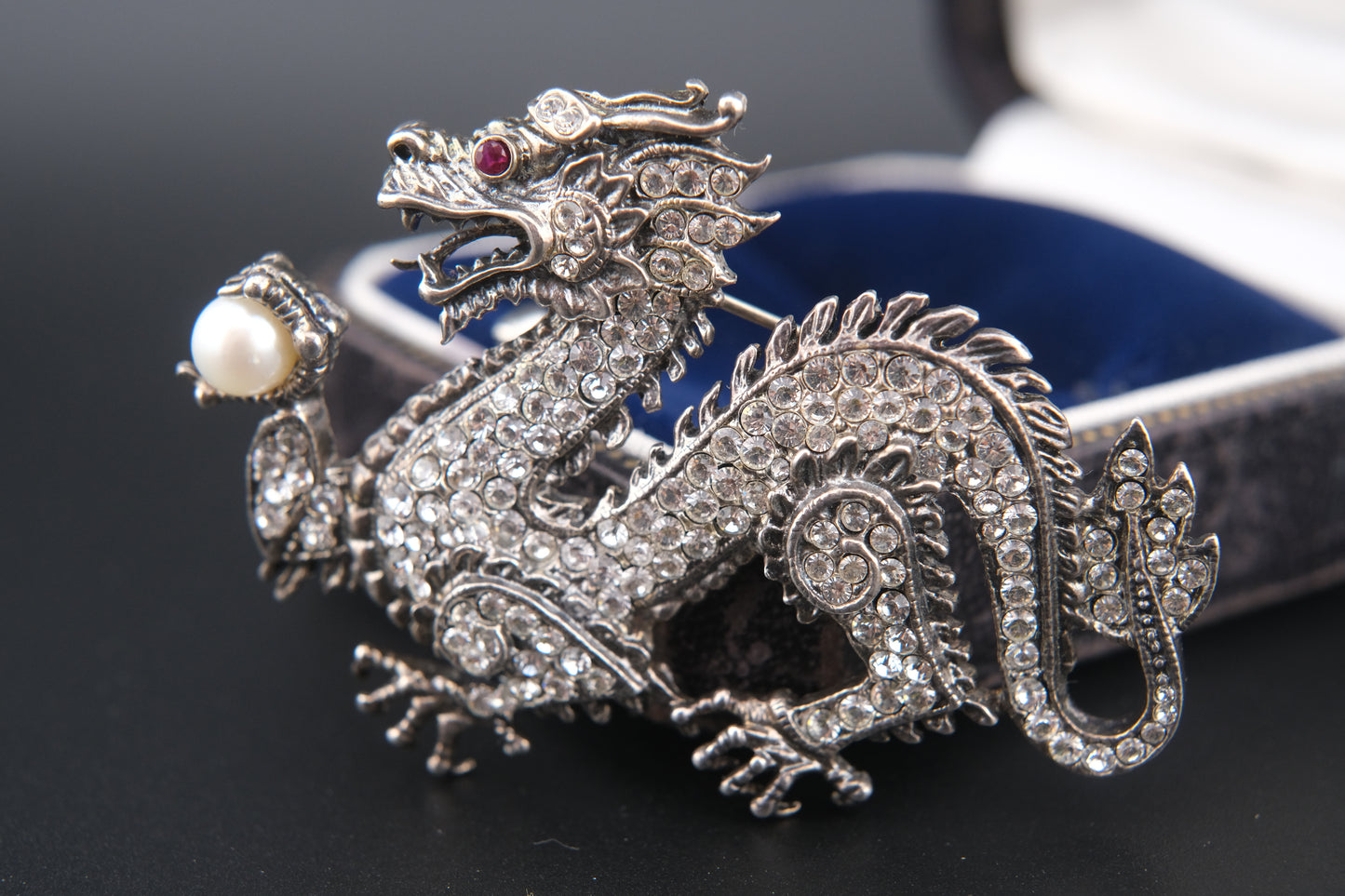 Franklin Mint Sterling Silver Dragon Brooch – Crystal Pavé with Pearl & Red Gem Eye