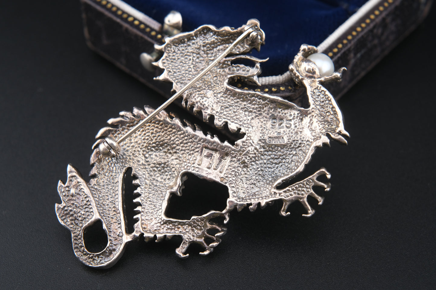 Franklin Mint Sterling Silver Dragon Brooch – Crystal Pavé with Pearl & Red Gem Eye