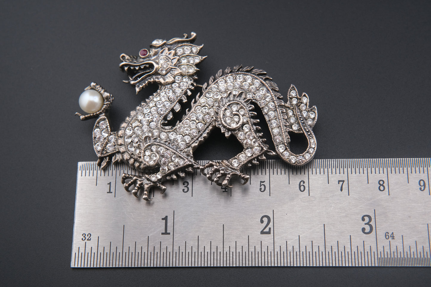 Franklin Mint Sterling Silver Dragon Brooch – Crystal Pavé with Pearl & Red Gem Eye