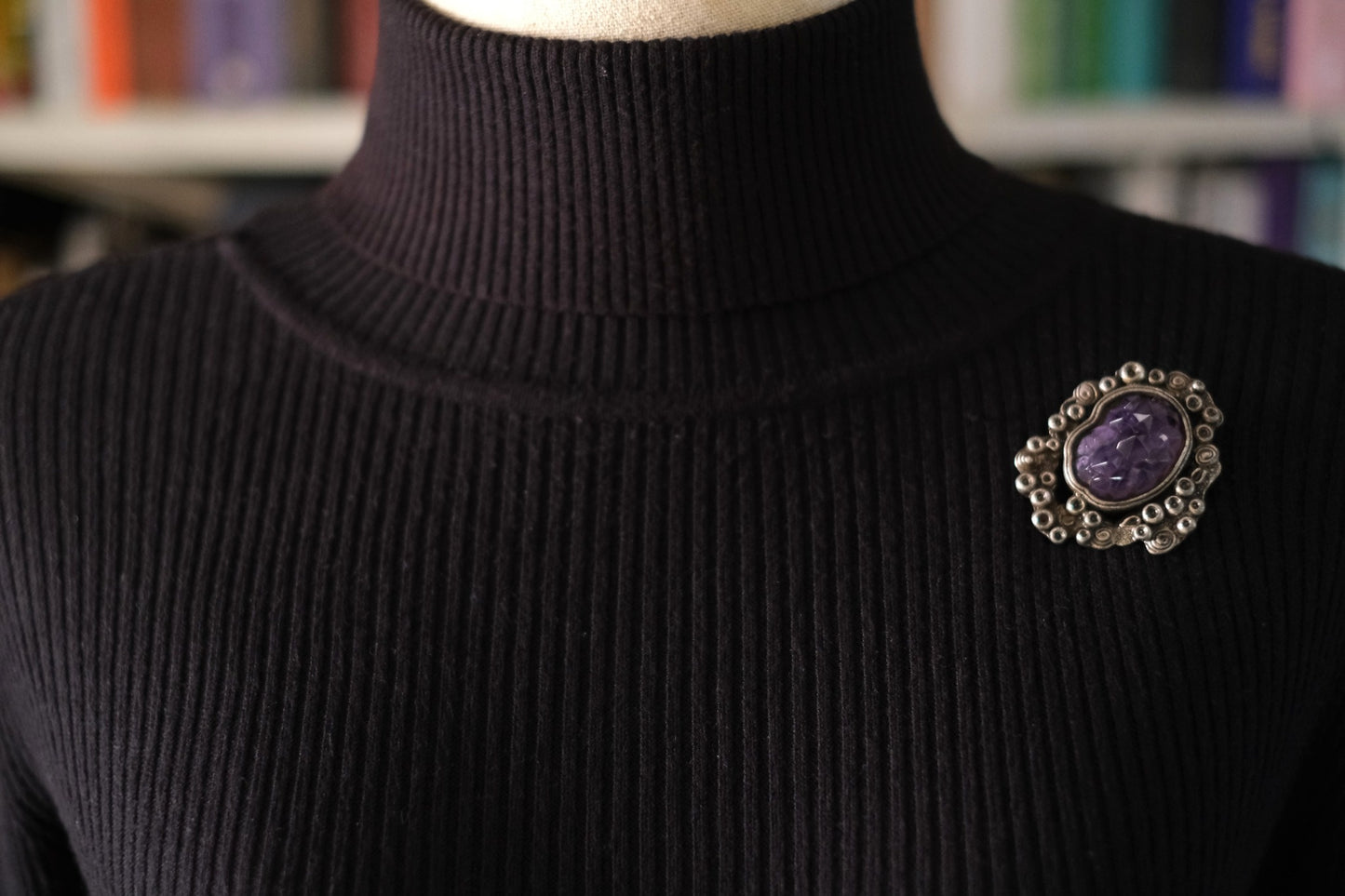 Vintage Miracle Celtic Revival Brooch – Faceted Amethyst Glass in Silver-Tone Setting