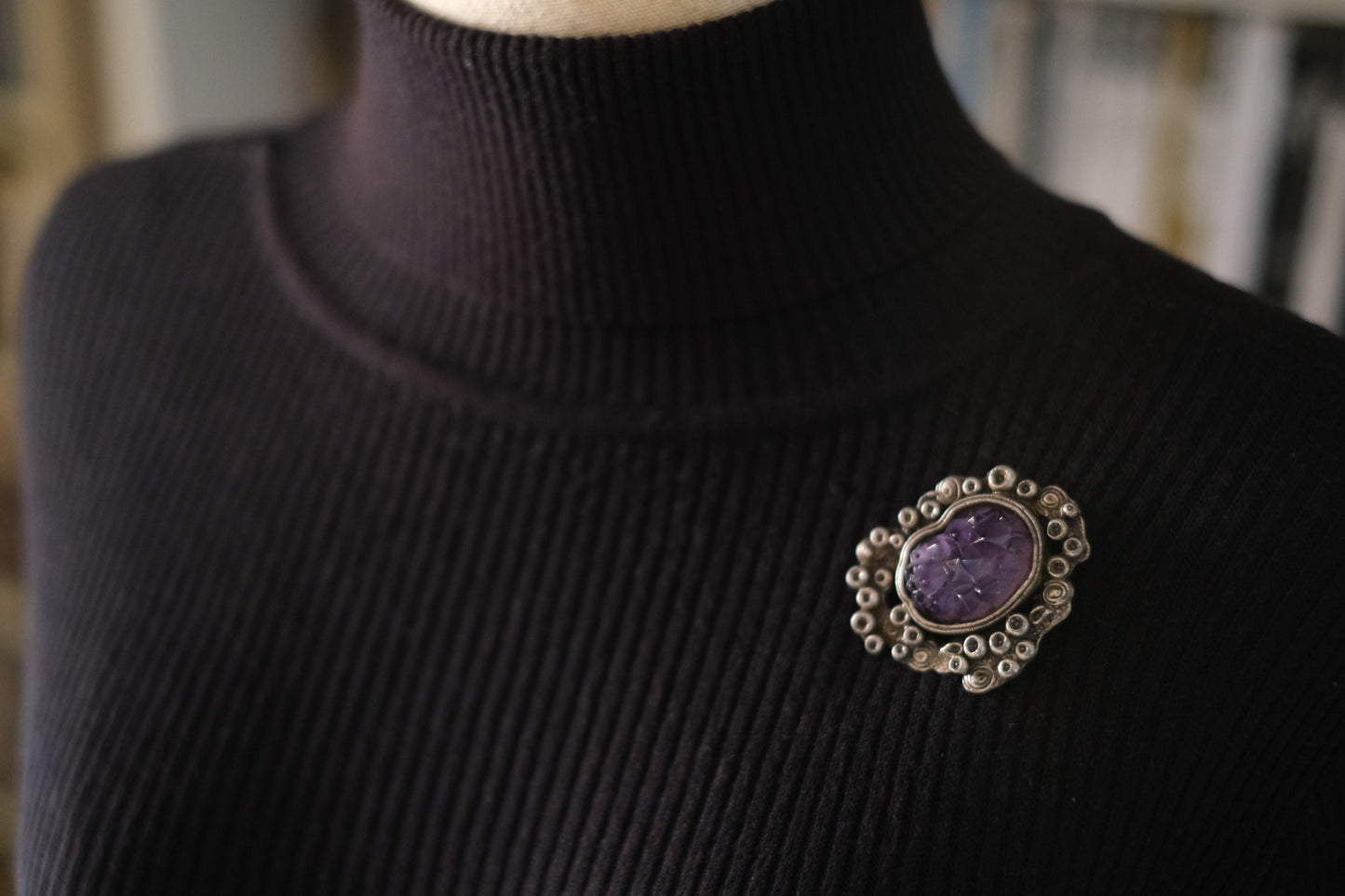 Vintage Miracle Celtic Revival Brooch – Faceted Amethyst Glass in Silver-Tone Setting