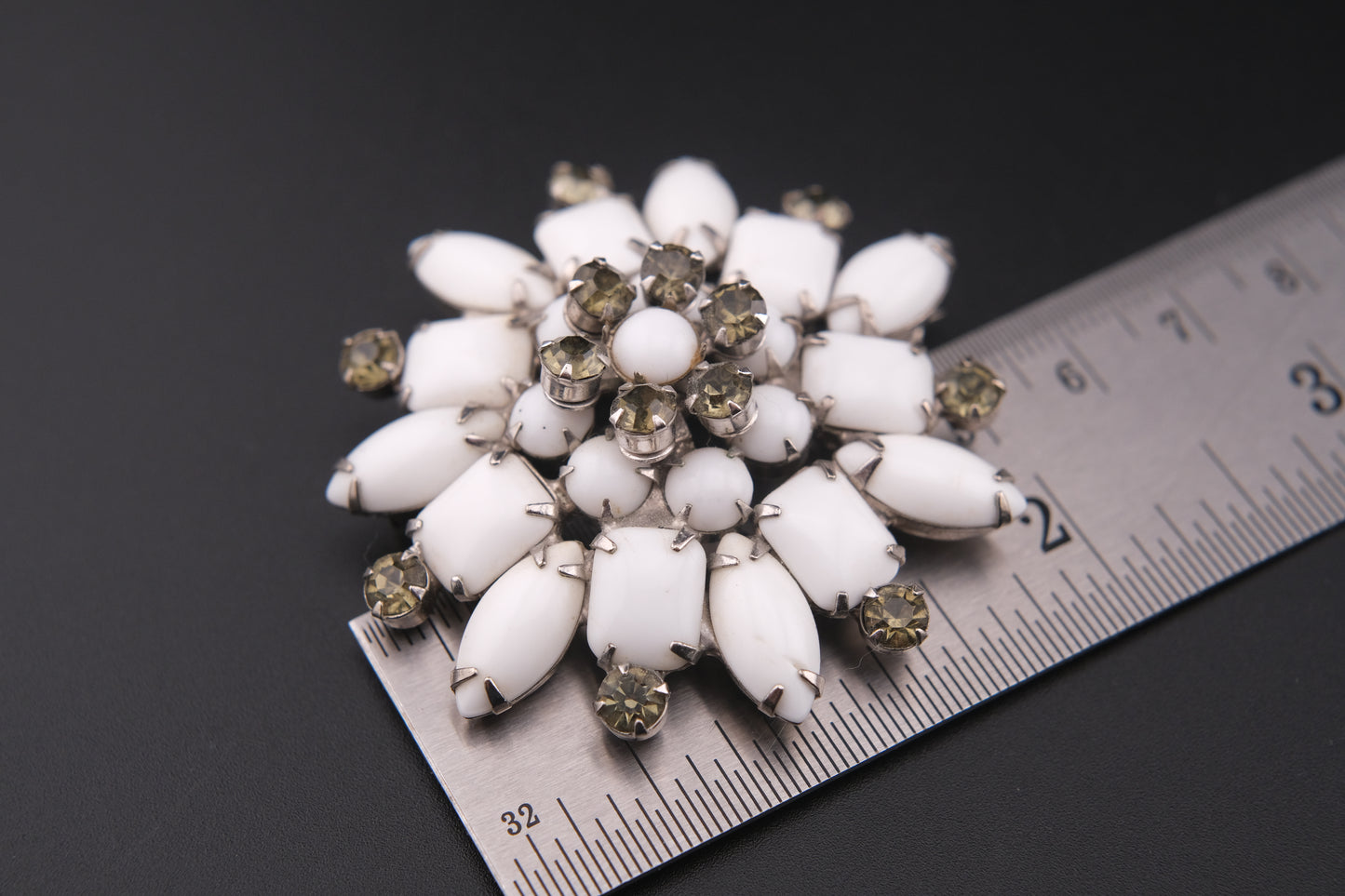 Vintage White Milk Glass & Rhinestone Brooch – Floral Snowflake Design | Mid-Century Costume Jewelry