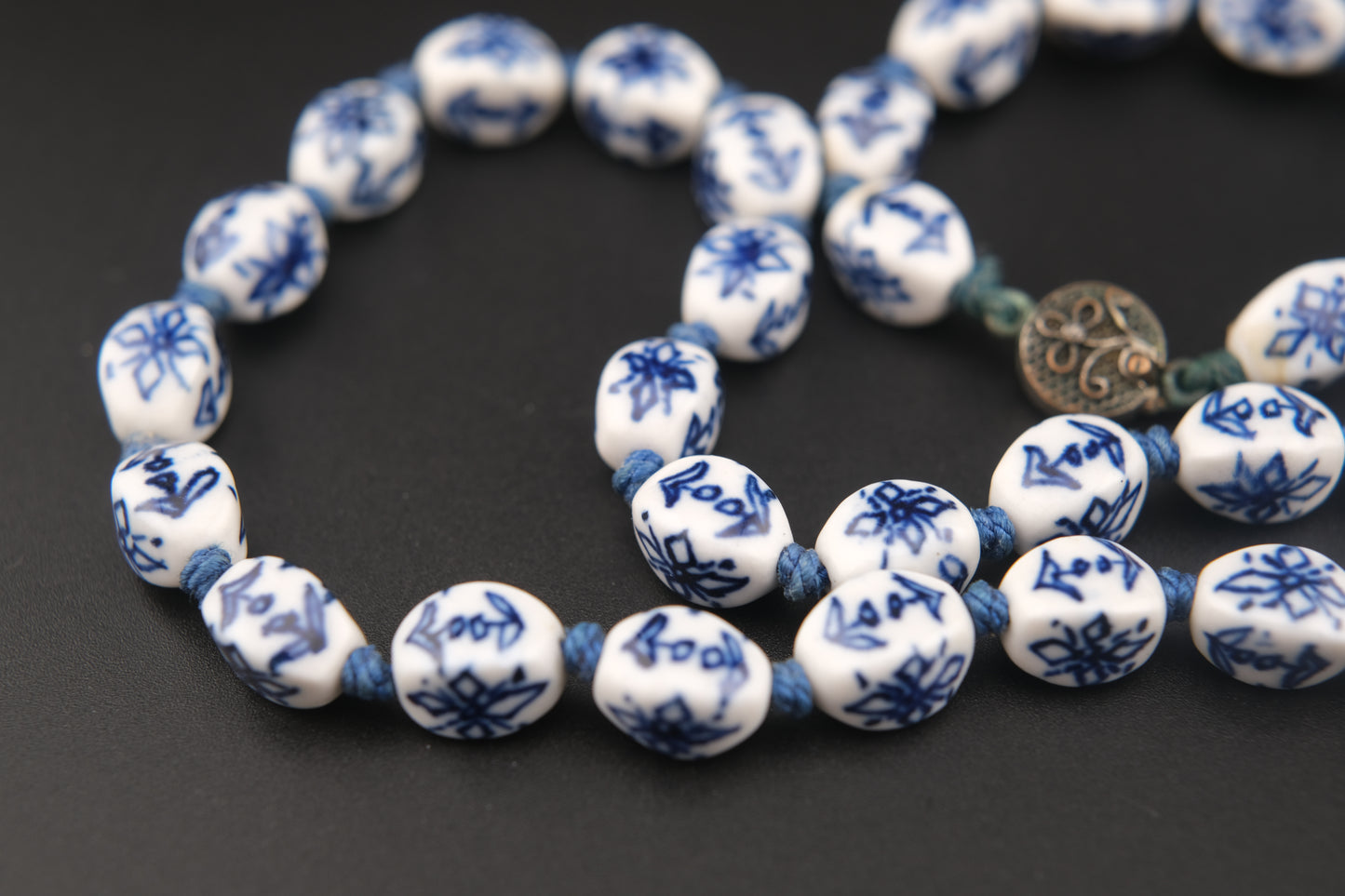 Chinese Blue & White Porcelain Bead Necklace – 24" Long