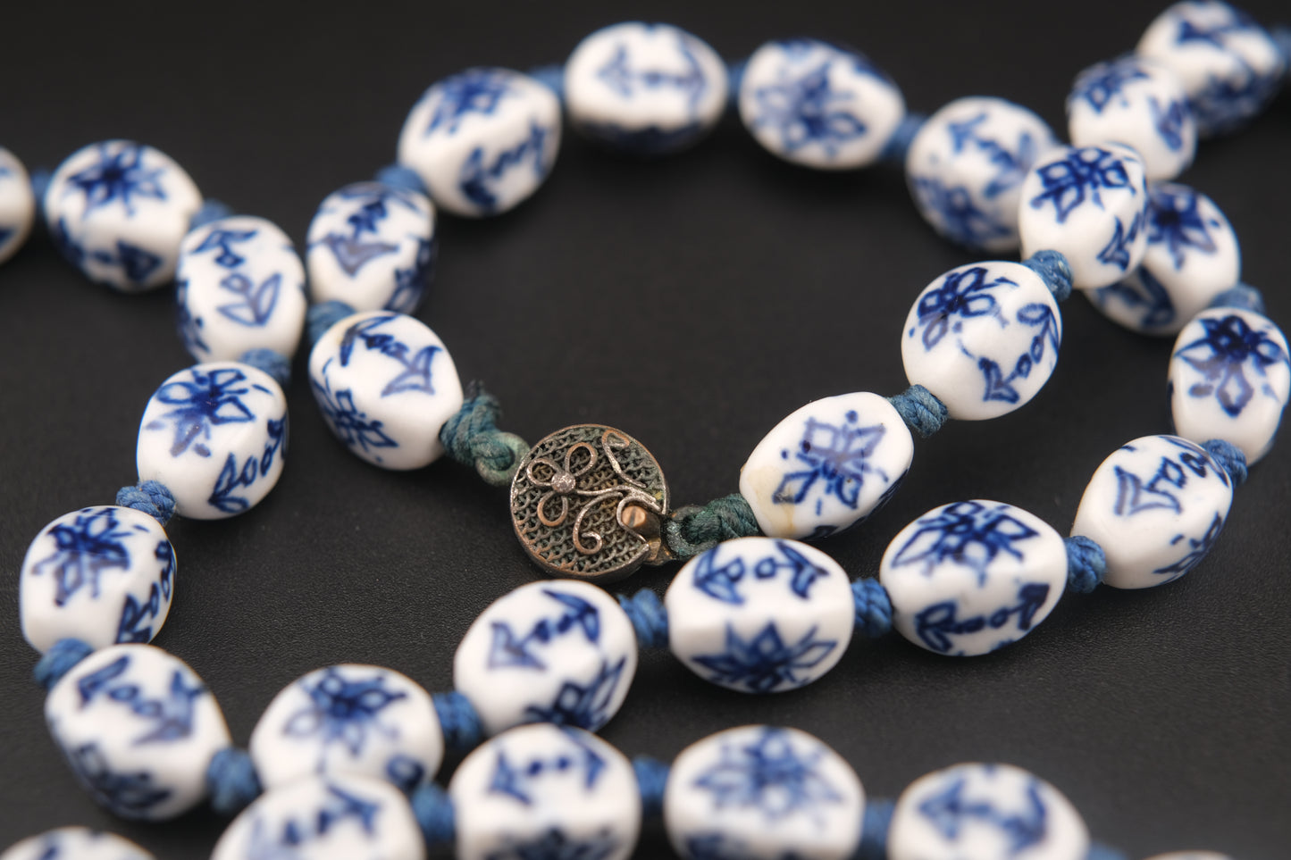 Chinese Blue & White Porcelain Bead Necklace – 24" Long