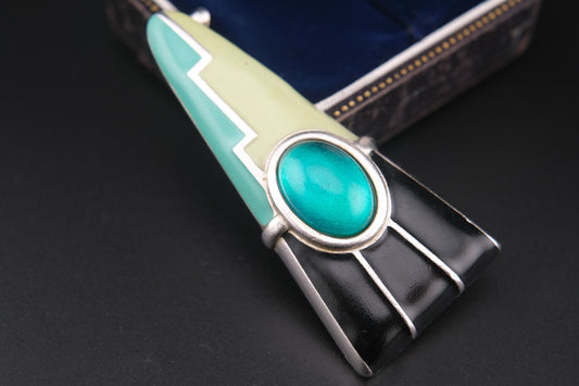 ❤️ Vintage Monet Geometric Statement Brooch – Black & Green Enamel, 2.75"