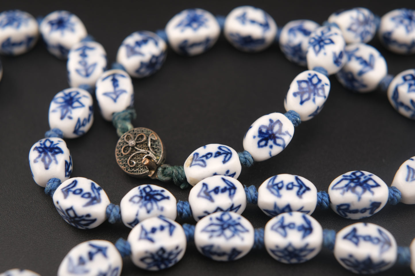 Chinese Blue & White Porcelain Bead Necklace – 24" Long