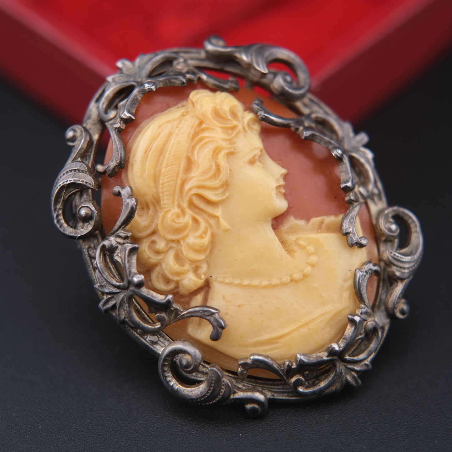 Vintage Hand-Carved Cameo Brooch & Pendant in Ornate Silver-Tone Frame – Signed & Engraved