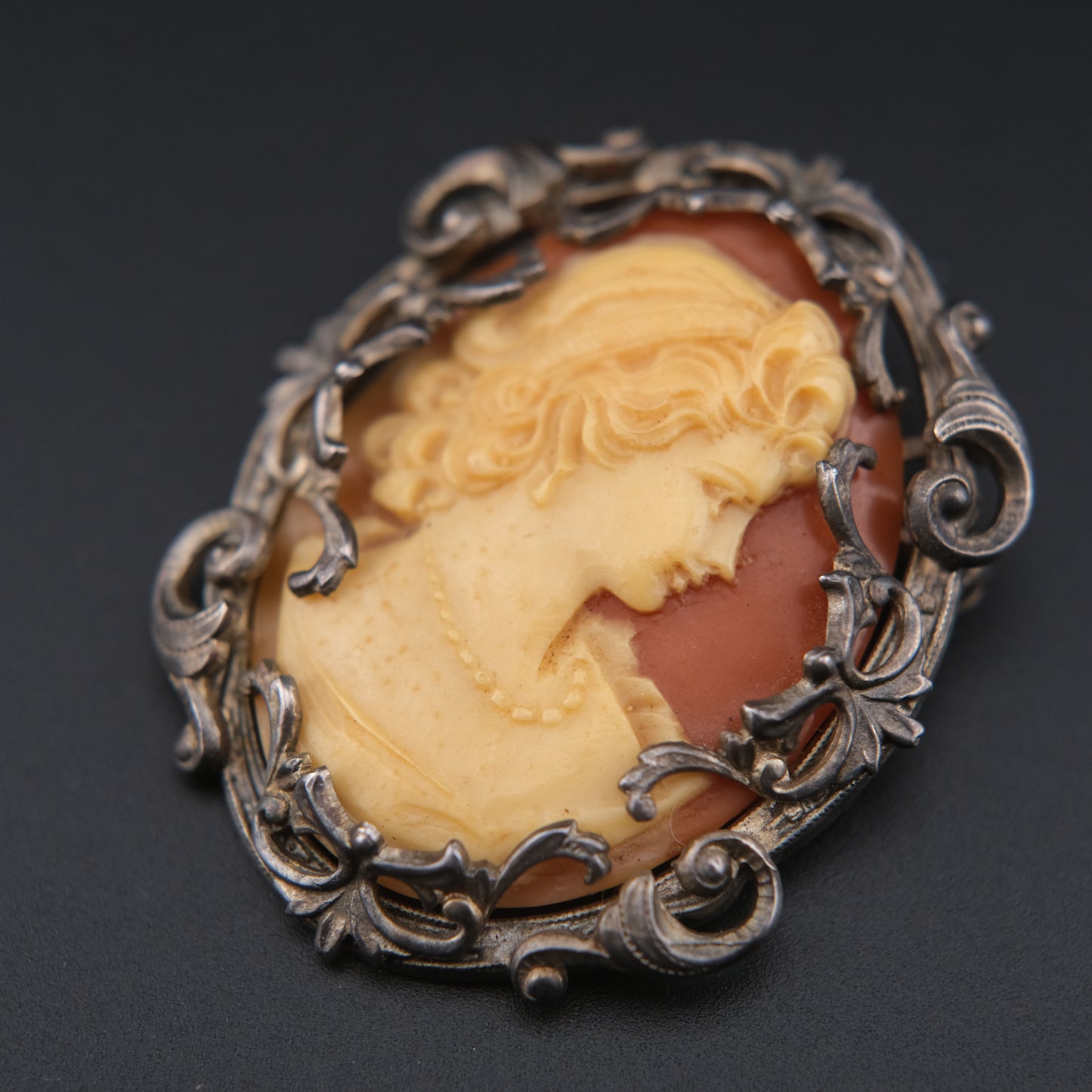 Vintage Hand-Carved Cameo Brooch & Pendant in Ornate Silver-Tone Frame – Signed & Engraved