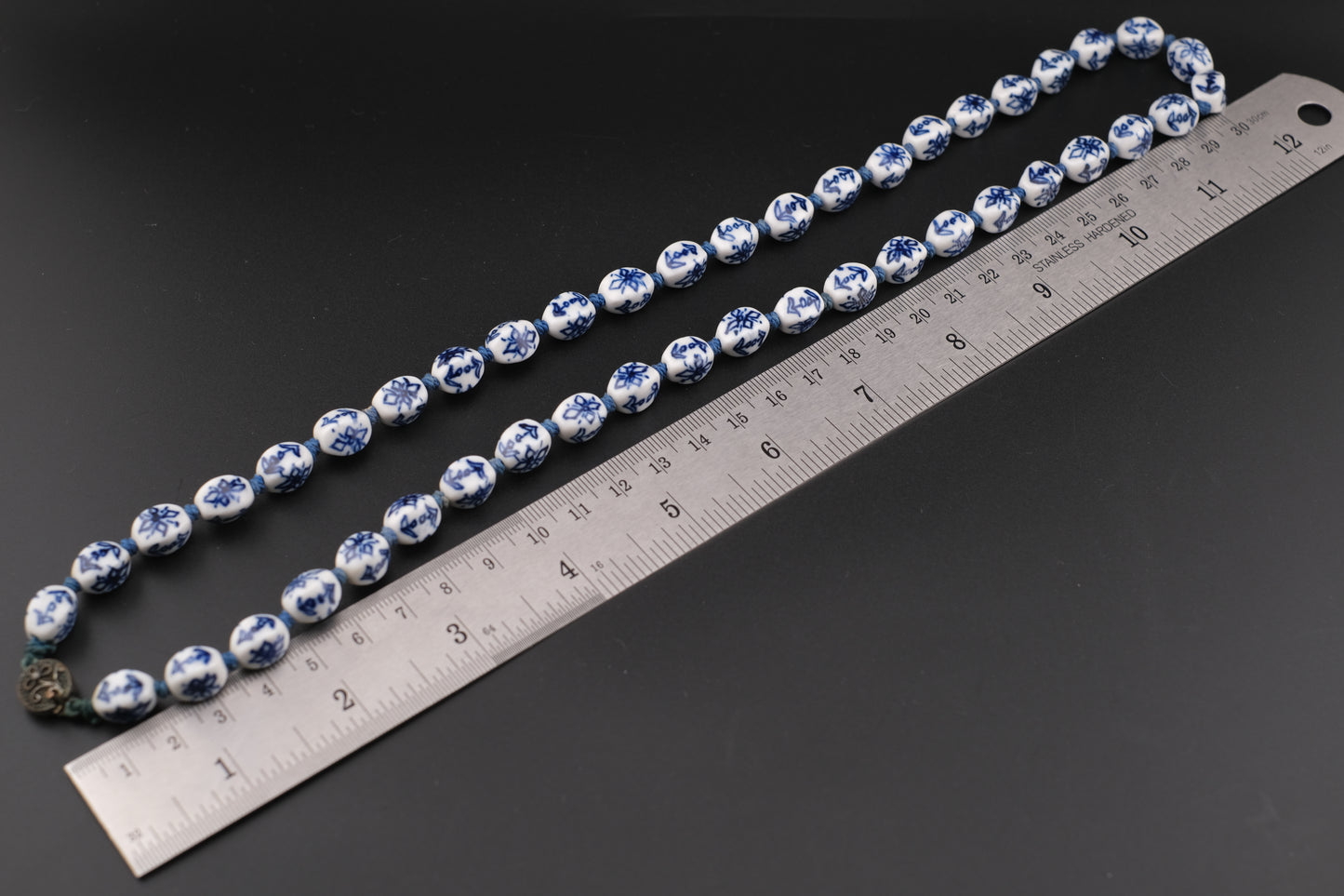 Chinese Blue & White Porcelain Bead Necklace – 24" Long