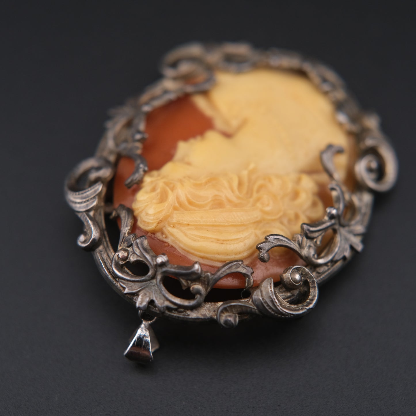 Vintage Hand-Carved Cameo Brooch & Pendant in Ornate Silver-Tone Frame – Signed & Engraved
