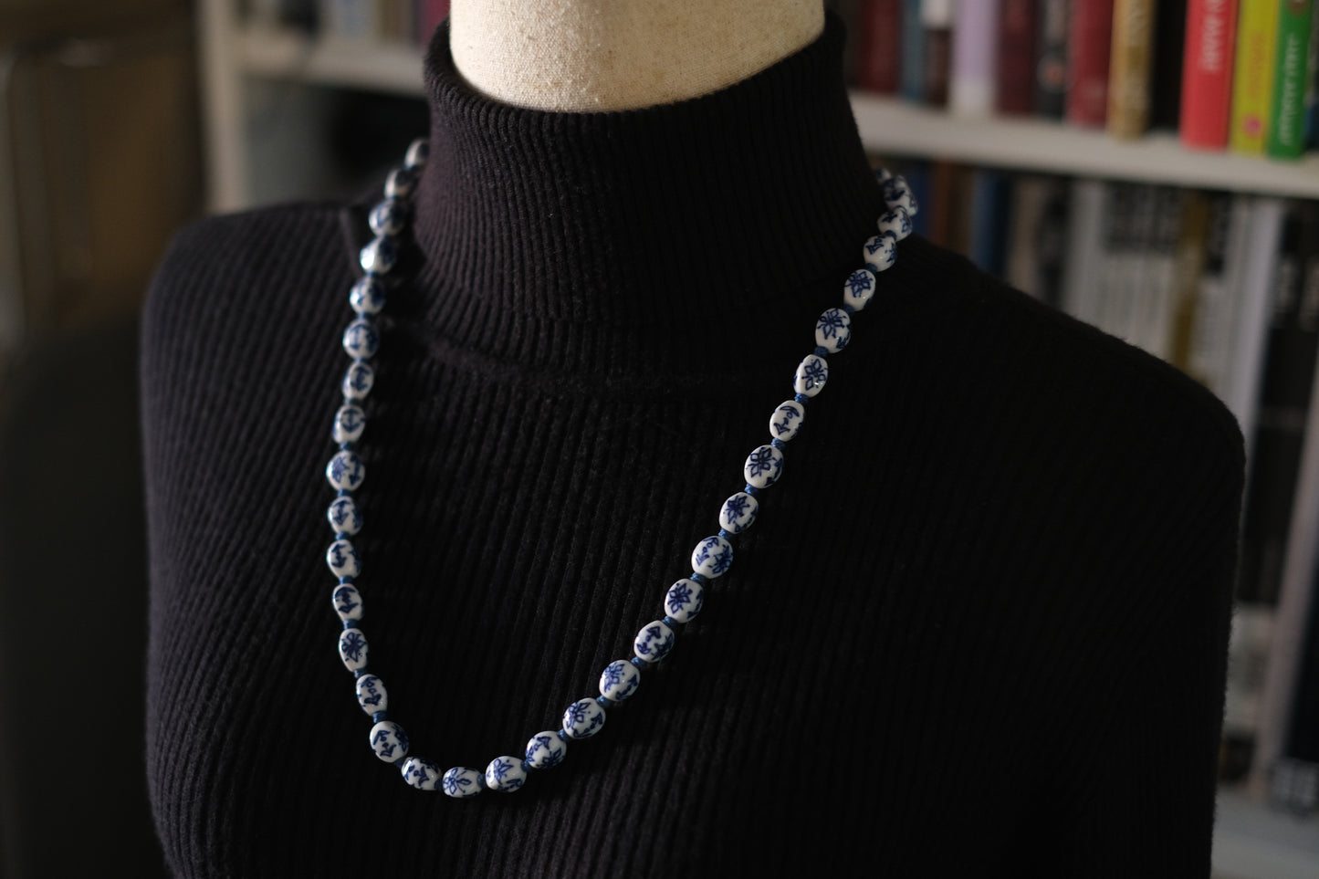 Chinese Blue & White Porcelain Bead Necklace – 24" Long