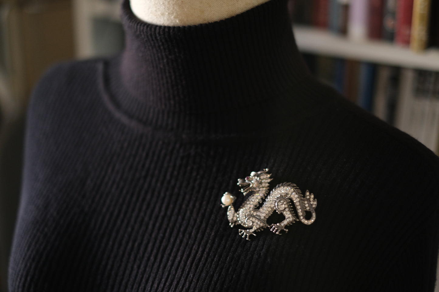Franklin Mint Sterling Silver Dragon Brooch – Crystal Pavé with Pearl & Red Gem Eye