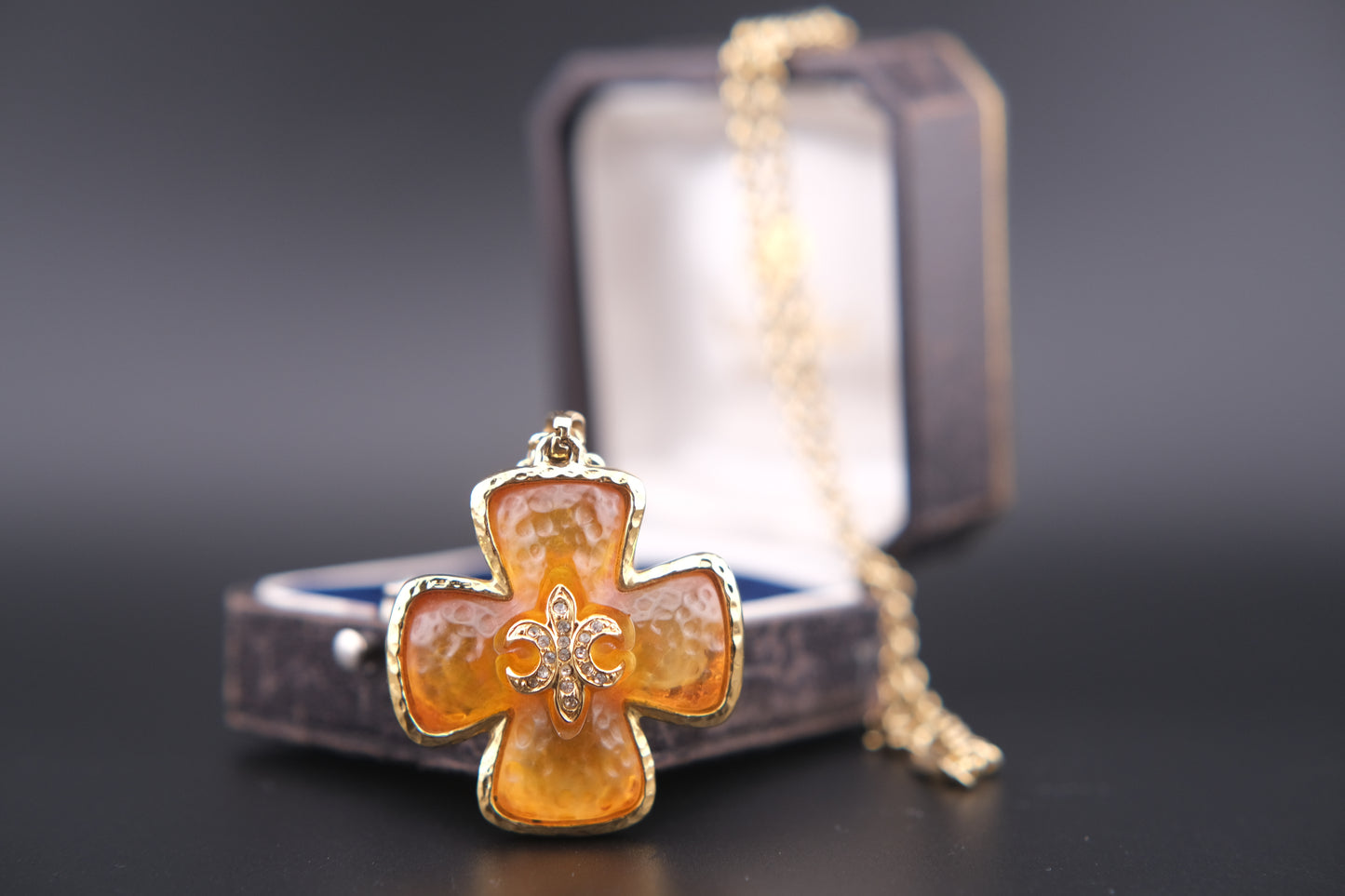 Vintage Leilian Textured Resin Cross Pendant Necklace with Fleur-de-Lis Rhinestone Detail