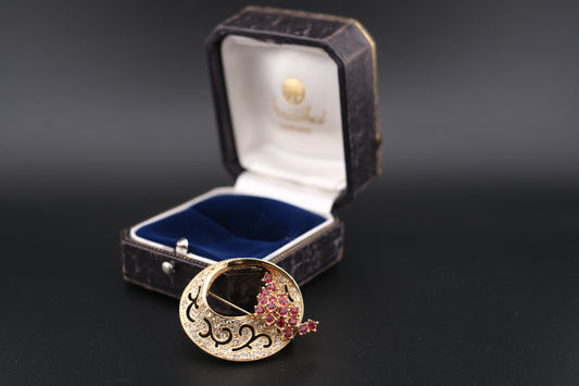 Vintage Attwood & Sawyer Ruby & Crystal Floral Brooch – Gold-Tone Circular Design