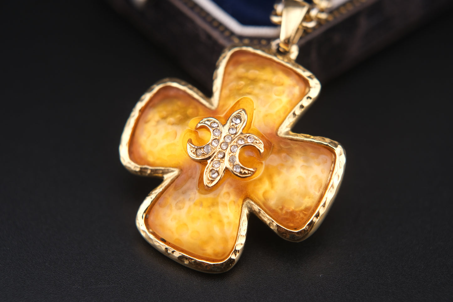 Vintage Leilian Textured Resin Cross Pendant Necklace with Fleur-de-Lis Rhinestone Detail