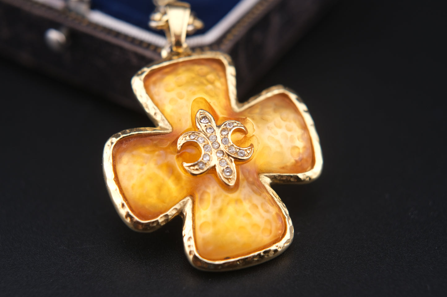 Vintage Leilian Textured Resin Cross Pendant Necklace with Fleur-de-Lis Rhinestone Detail