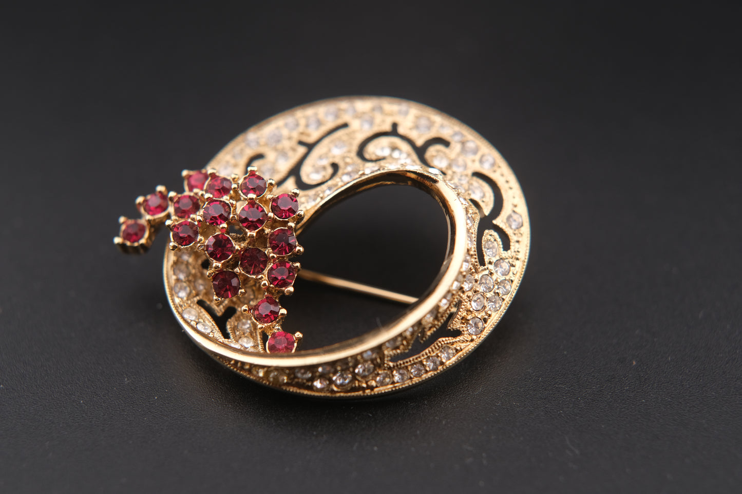 Vintage Attwood & Sawyer Ruby & Crystal Floral Brooch – Gold-Tone Circular Design