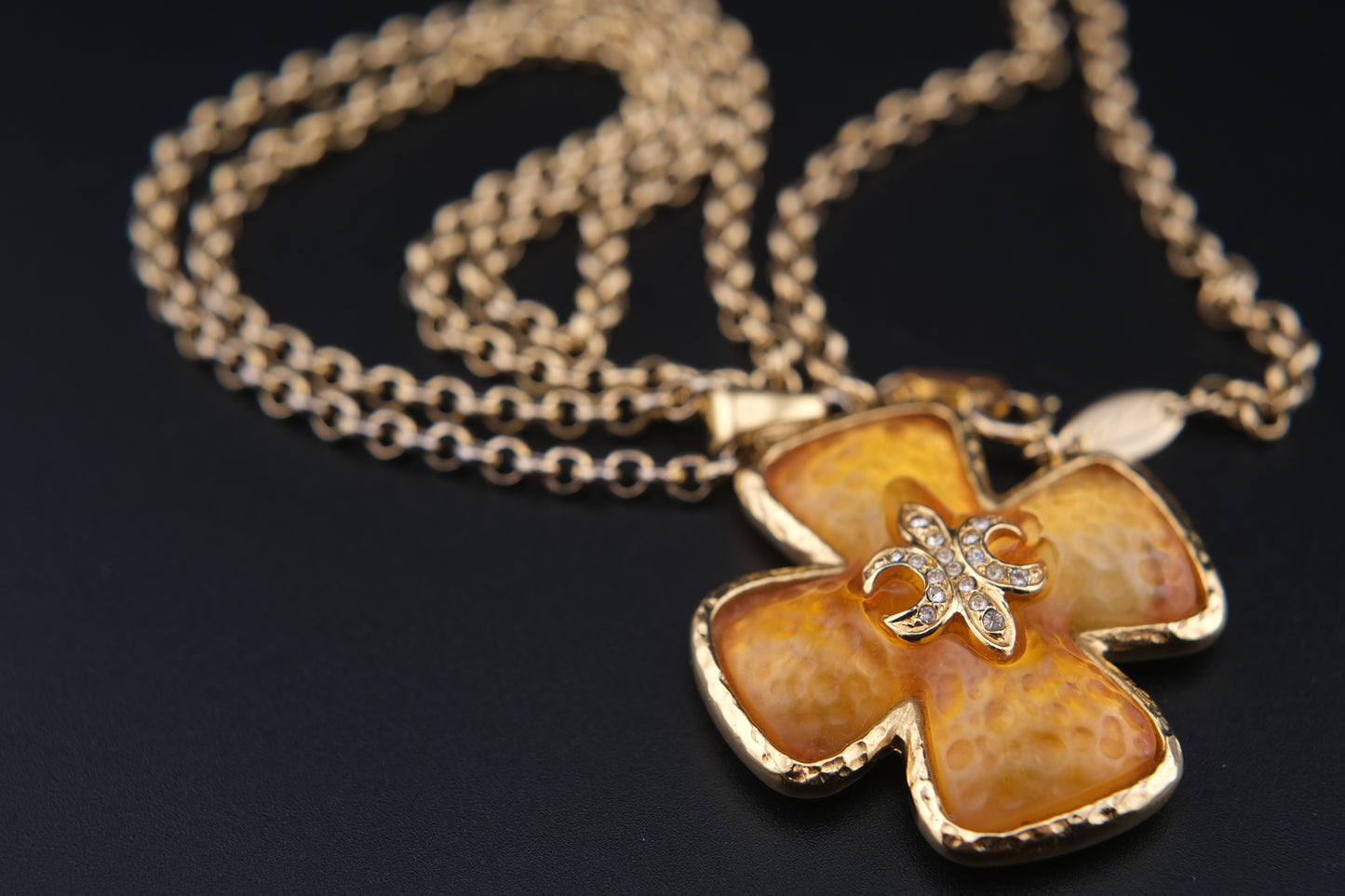 Vintage Leilian Textured Resin Cross Pendant Necklace with Fleur-de-Lis Rhinestone Detail