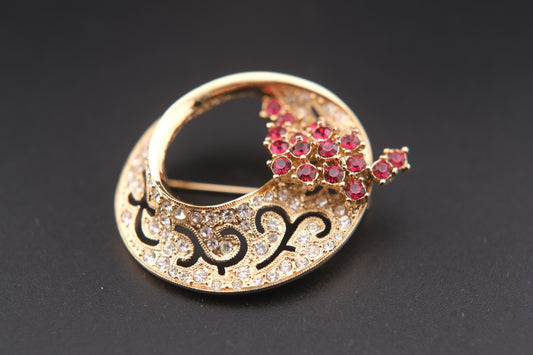 Vintage Attwood & Sawyer Ruby & Crystal Floral Brooch – Gold-Tone Circular Design