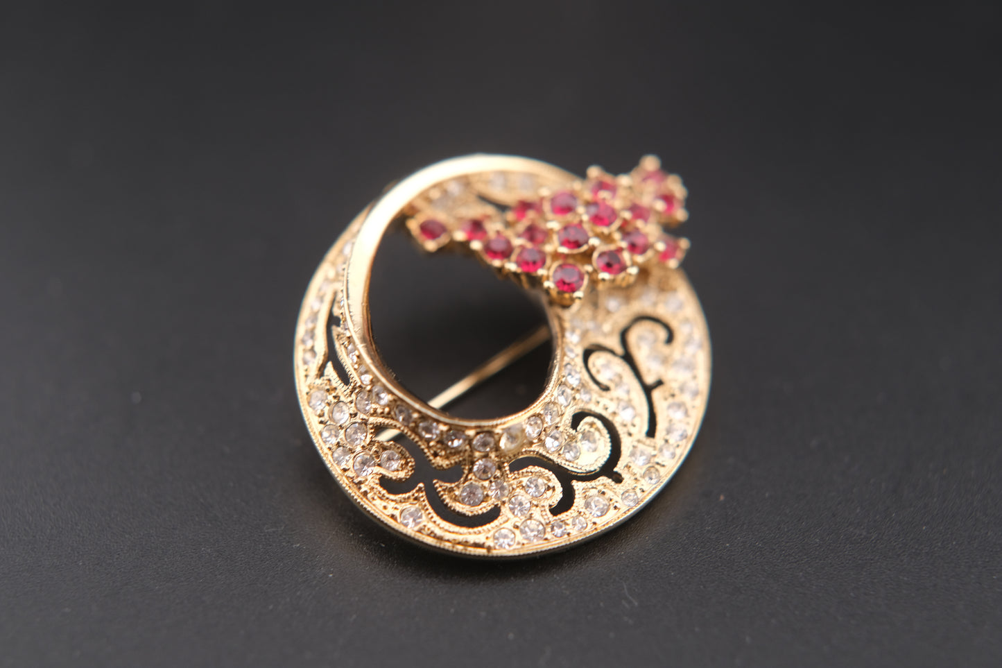 Vintage Attwood & Sawyer Ruby & Crystal Floral Brooch – Gold-Tone Circular Design