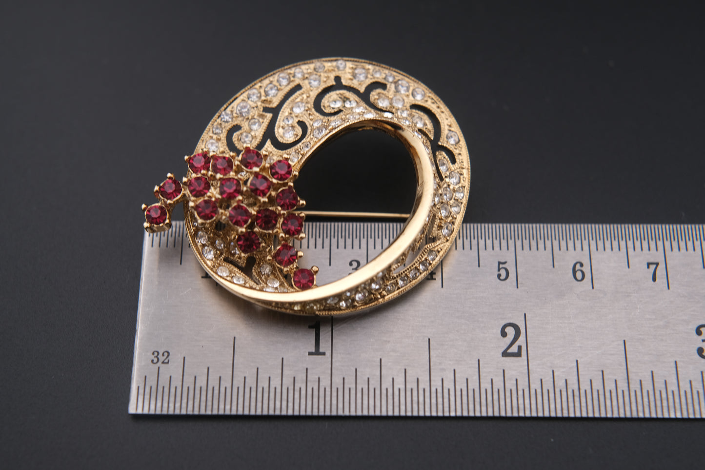 Vintage Attwood & Sawyer Ruby & Crystal Floral Brooch – Gold-Tone Circular Design