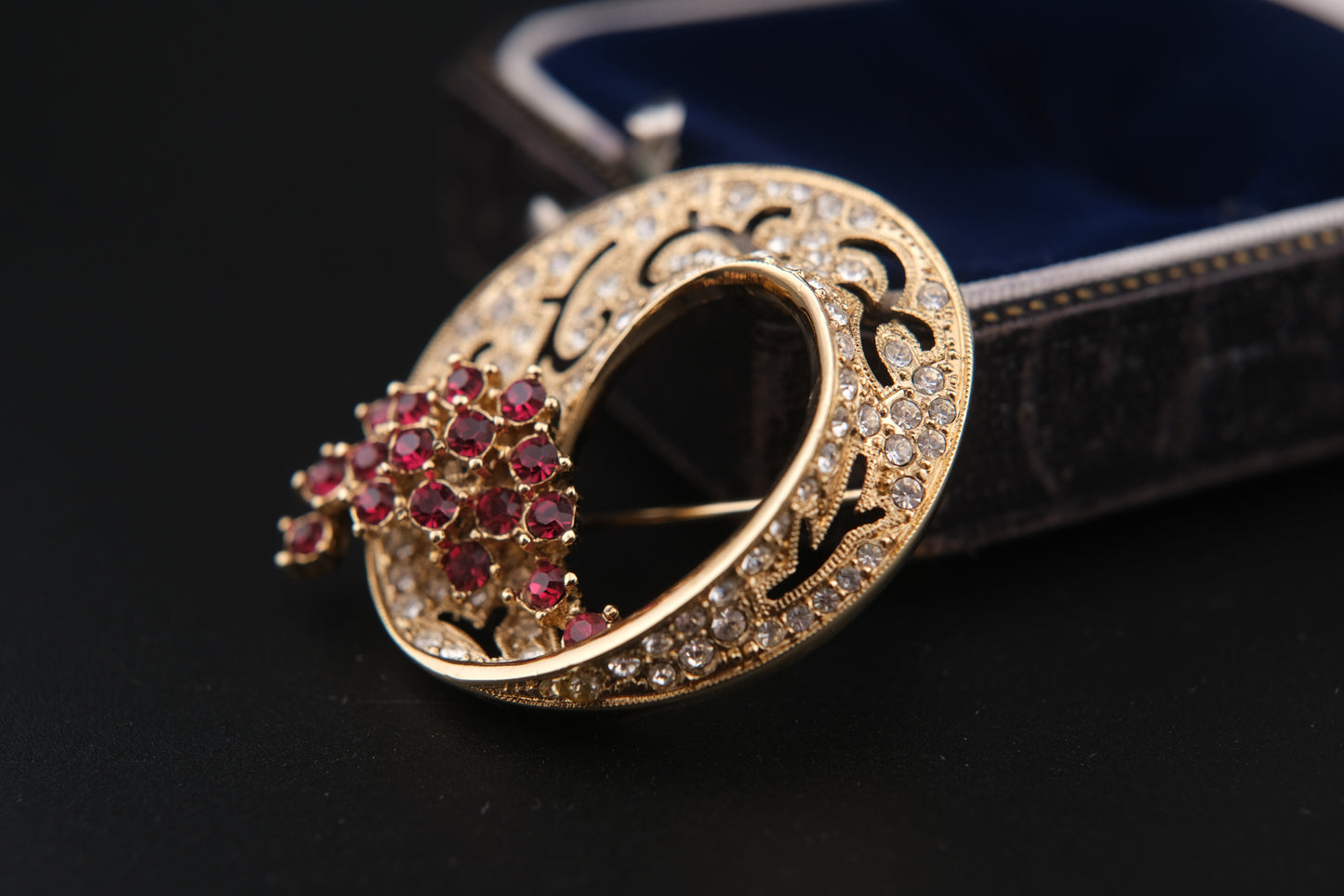 Vintage Attwood & Sawyer Ruby & Crystal Floral Brooch – Gold-Tone Circular Design