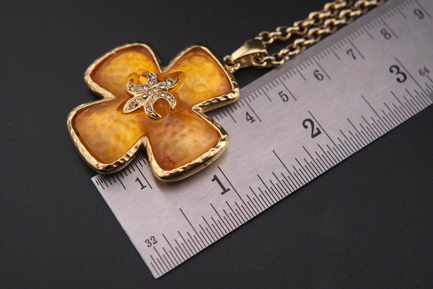 Vintage Leilian Textured Resin Cross Pendant Necklace with Fleur-de-Lis Rhinestone Detail