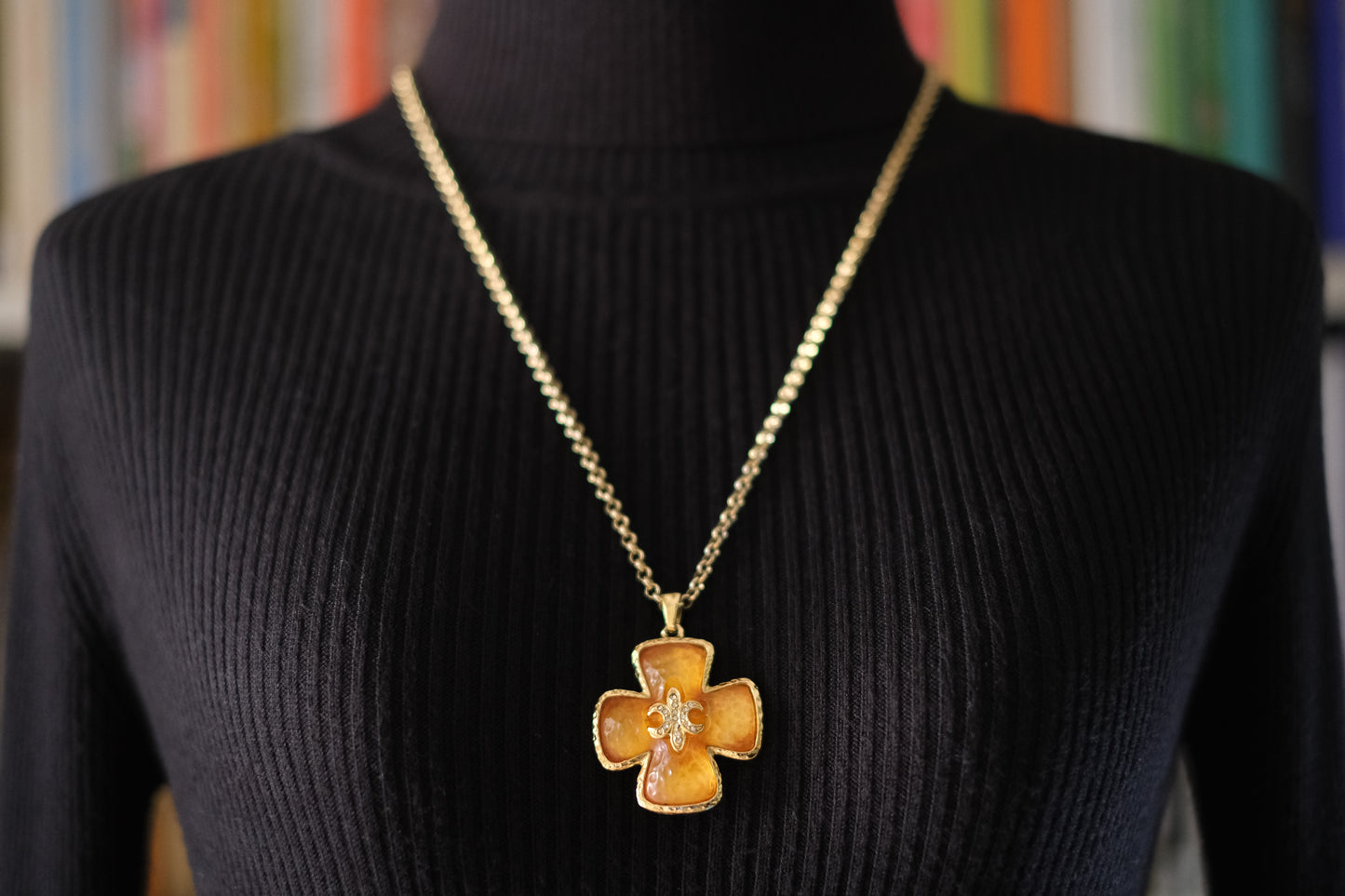 Vintage Leilian Textured Resin Cross Pendant Necklace with Fleur-de-Lis Rhinestone Detail