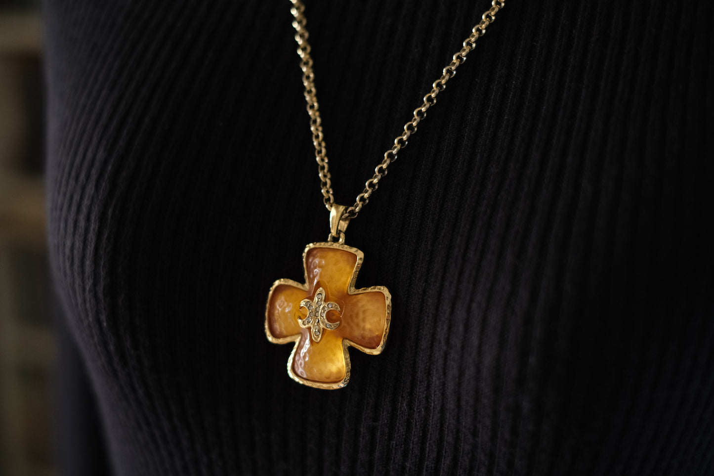 Vintage Leilian Textured Resin Cross Pendant Necklace with Fleur-de-Lis Rhinestone Detail