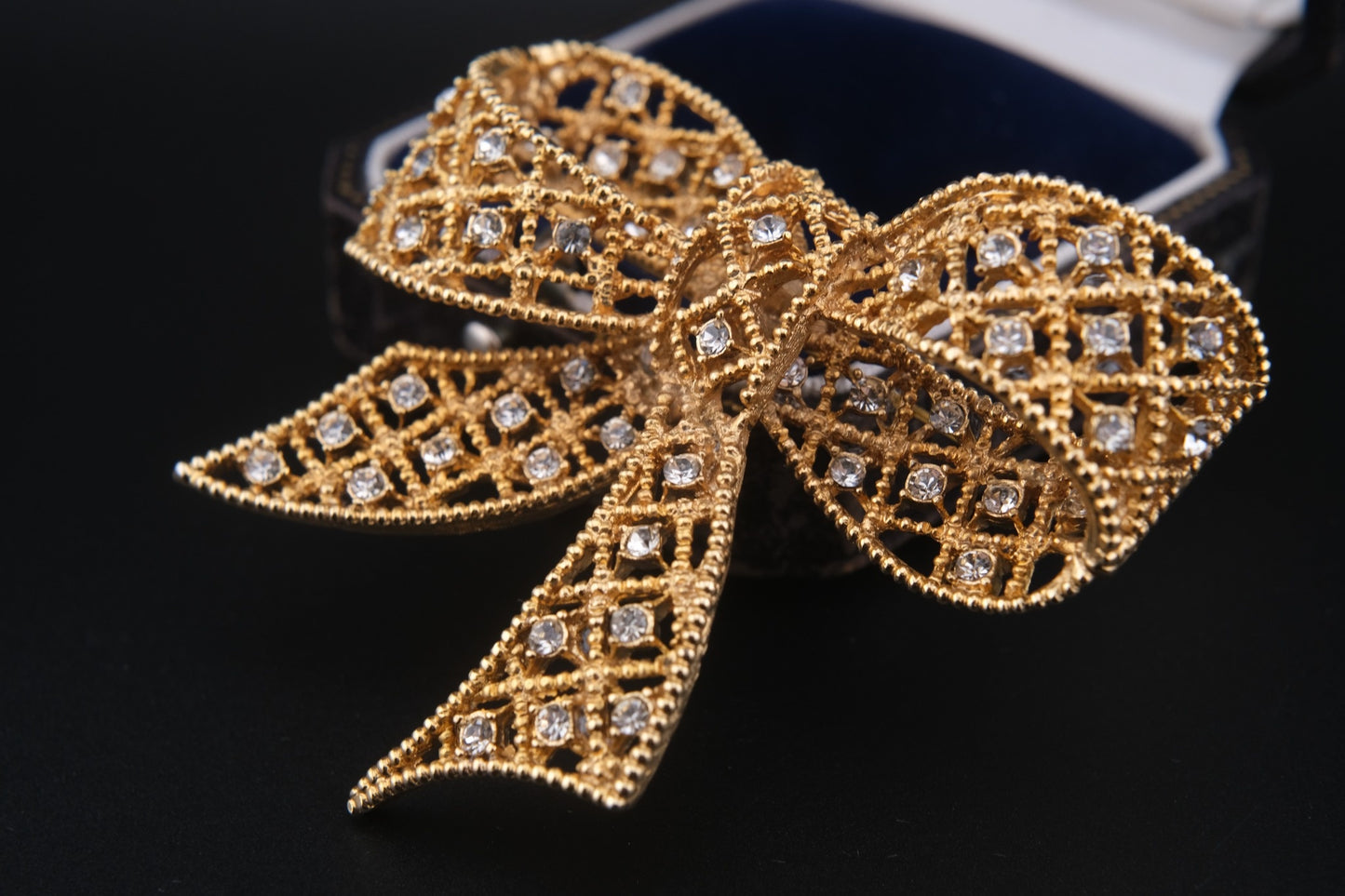 Vintage Kenneth Jay Lane Filigree Bow Brooch – Gold-Tone with Crystal Rhinestones