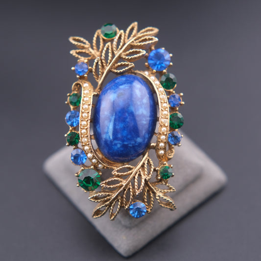 ❤️ Vintage Abstract Blue Cabochon Brooch – Gold Tone with Rhinestones & Faux Pearl Accent