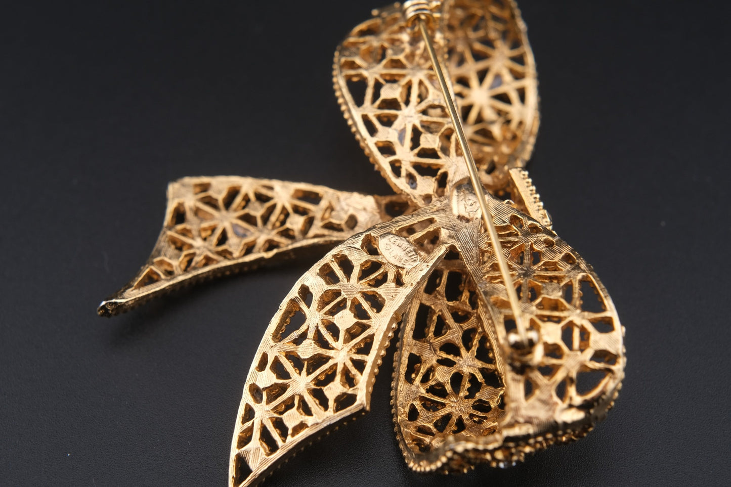 Vintage Kenneth Jay Lane Filigree Bow Brooch – Gold-Tone with Crystal Rhinestones