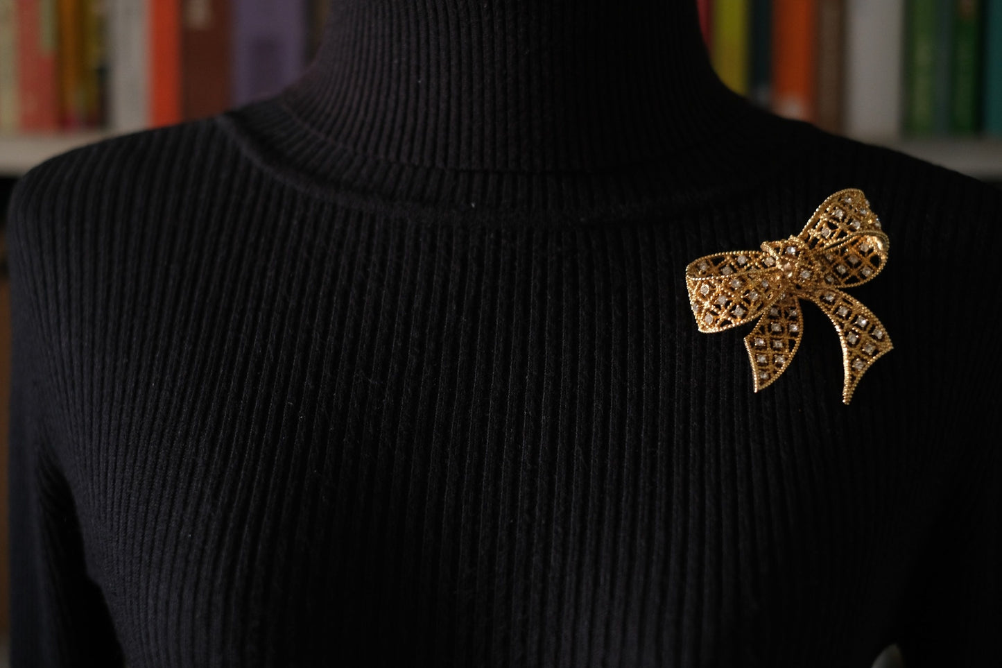 Vintage Kenneth Jay Lane Filigree Bow Brooch – Gold-Tone with Crystal Rhinestones
