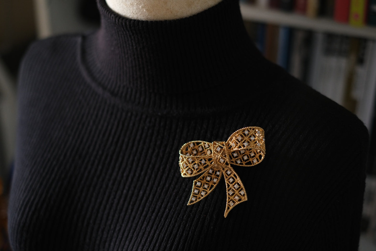 Vintage Kenneth Jay Lane Filigree Bow Brooch – Gold-Tone with Crystal Rhinestones