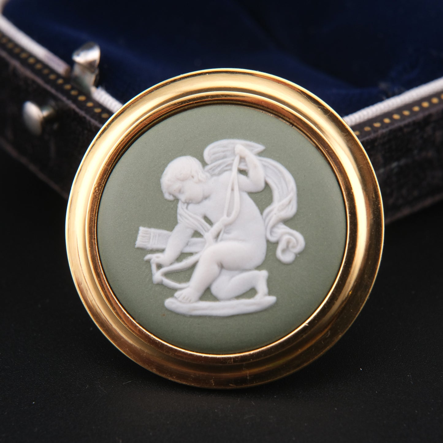 Vintage Wedgwood Jasperware Cameo Brooch – Green & White Cupid Motif with Gold-Tone Frame