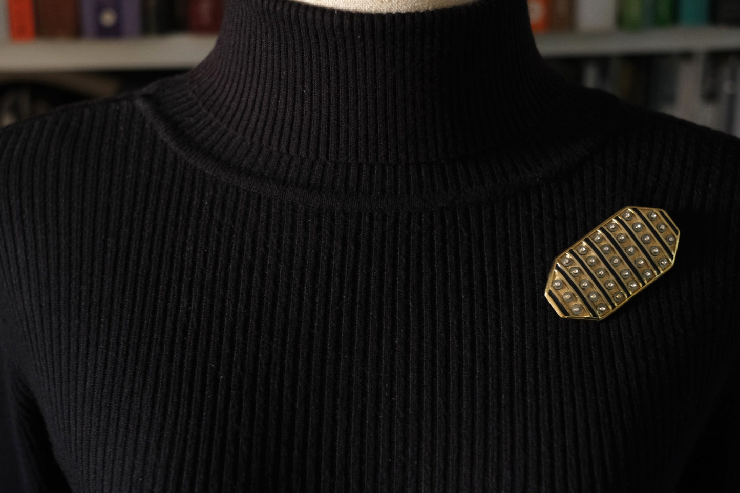 Vintage Orena Paris Geometric Brooch – Gold-Tone with Black Enamel & Rhinestones